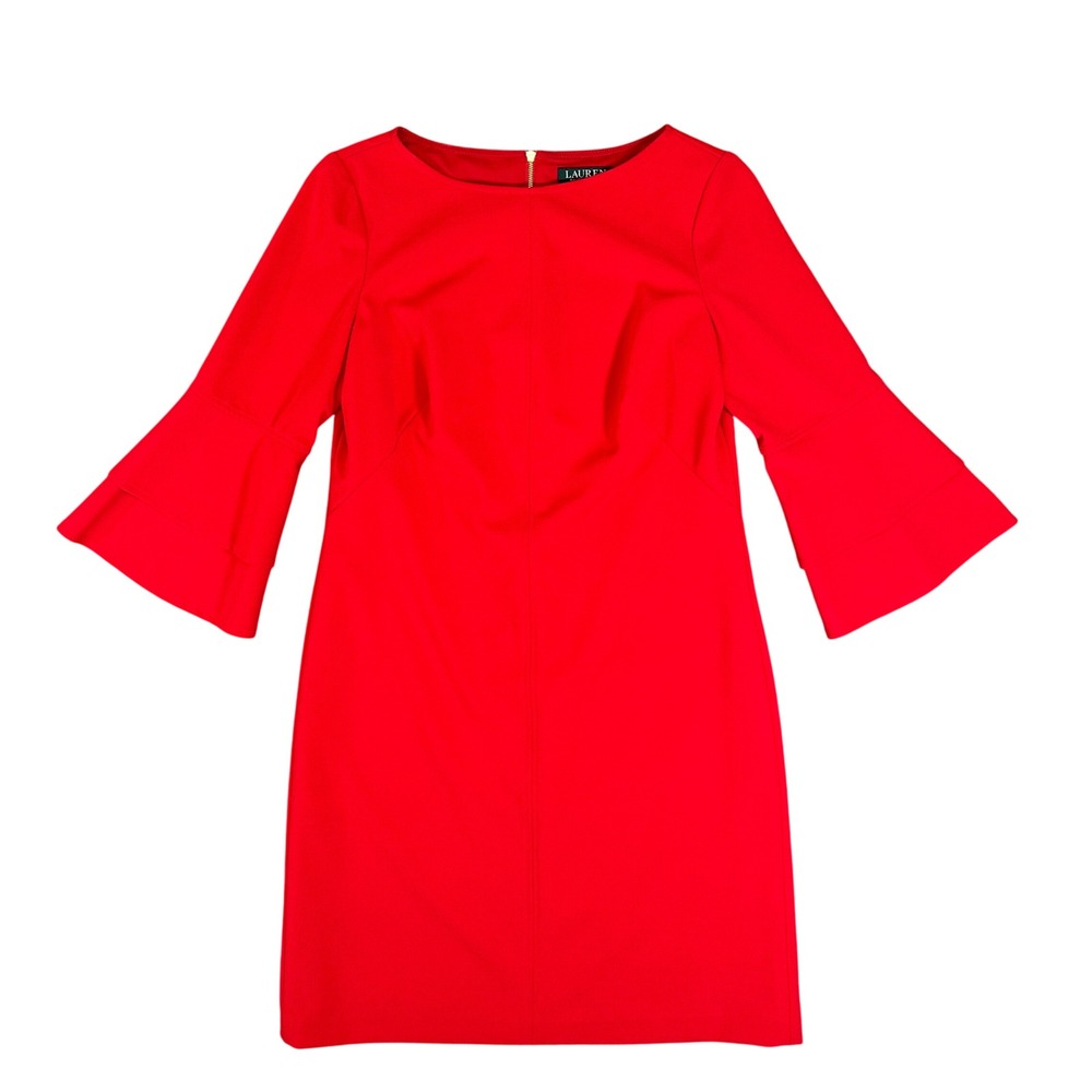 Lauren Ralph Lauren Red Tiered Bell Sleeve Sheath Dress Gold Zip Size 10